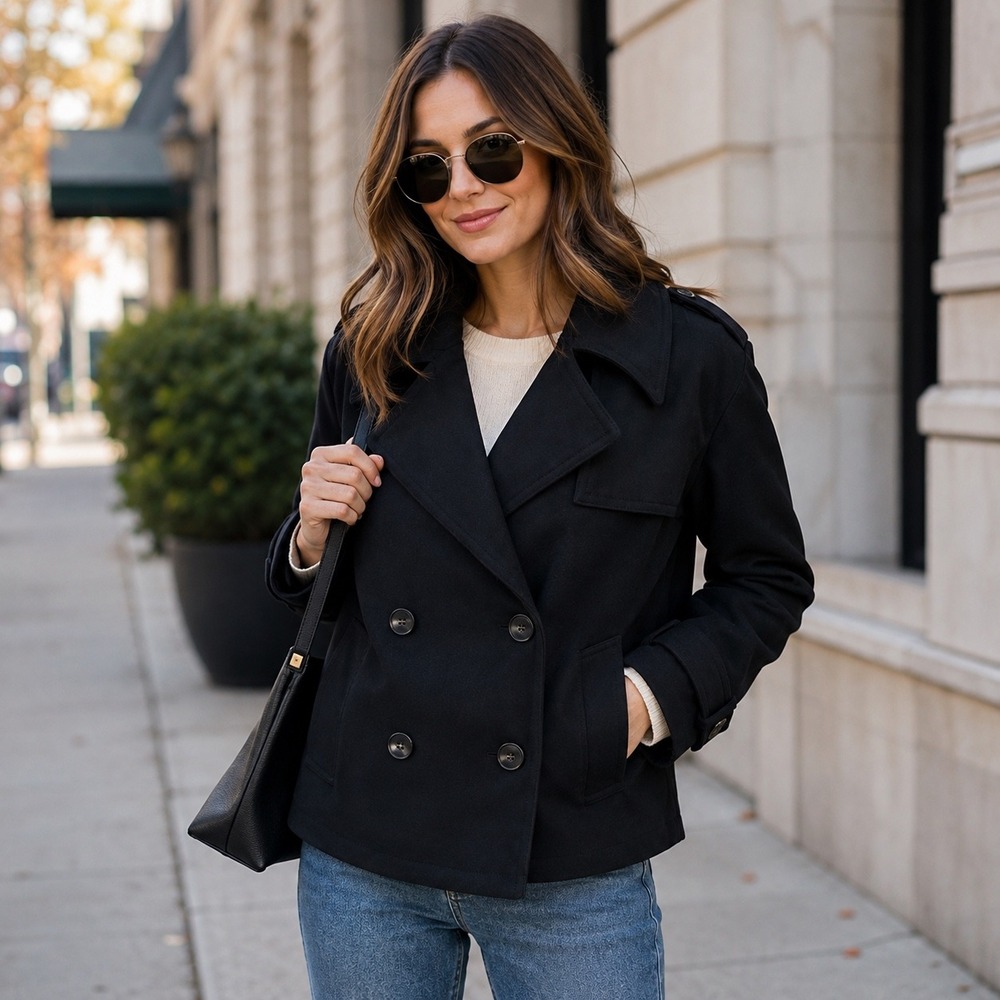 Liz Claiborne Black Pea Coat Jacket Womens Medium Winter Weekend Cropped
